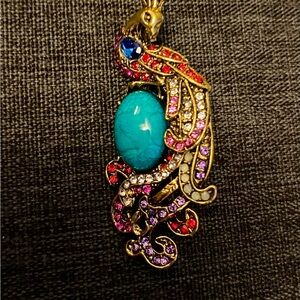 Peacock Blue, Pink, Purple and Red Brooch with Intricate Design